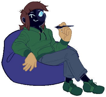 A gif of a person in a green hoodie and jeans sitting in a blue beanbag, with a graphics tablet pen in one of their hands. Their face is split into black and white section and colored section, the faces changing every second and a half